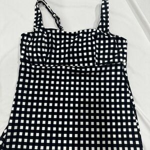Lands’ End Tankini Swim Top Black White Gingham Check Size 6 UPF 50 NWT